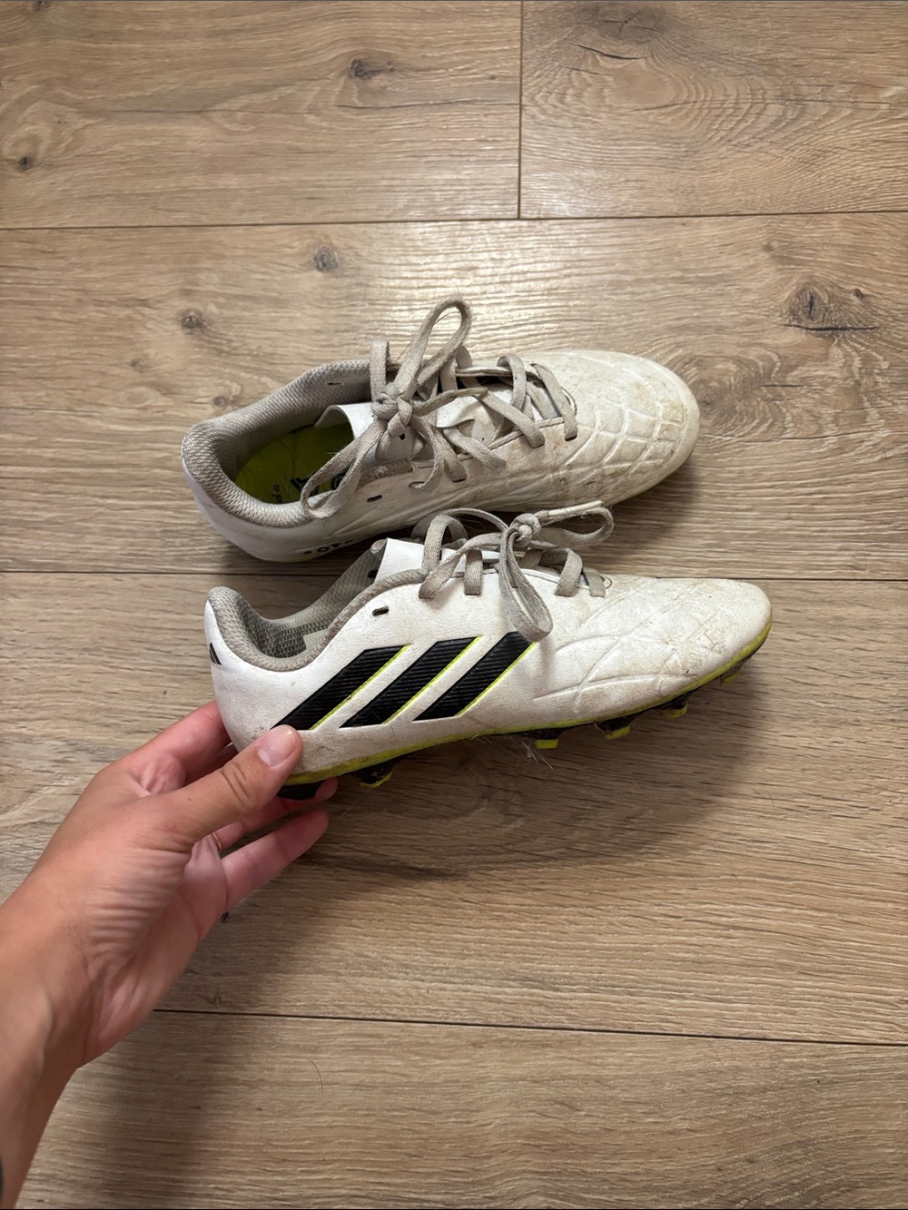 adidas Copa White Kids Soccer Cleats with Black Stripes and Lime Studs - Picture 1 of 3